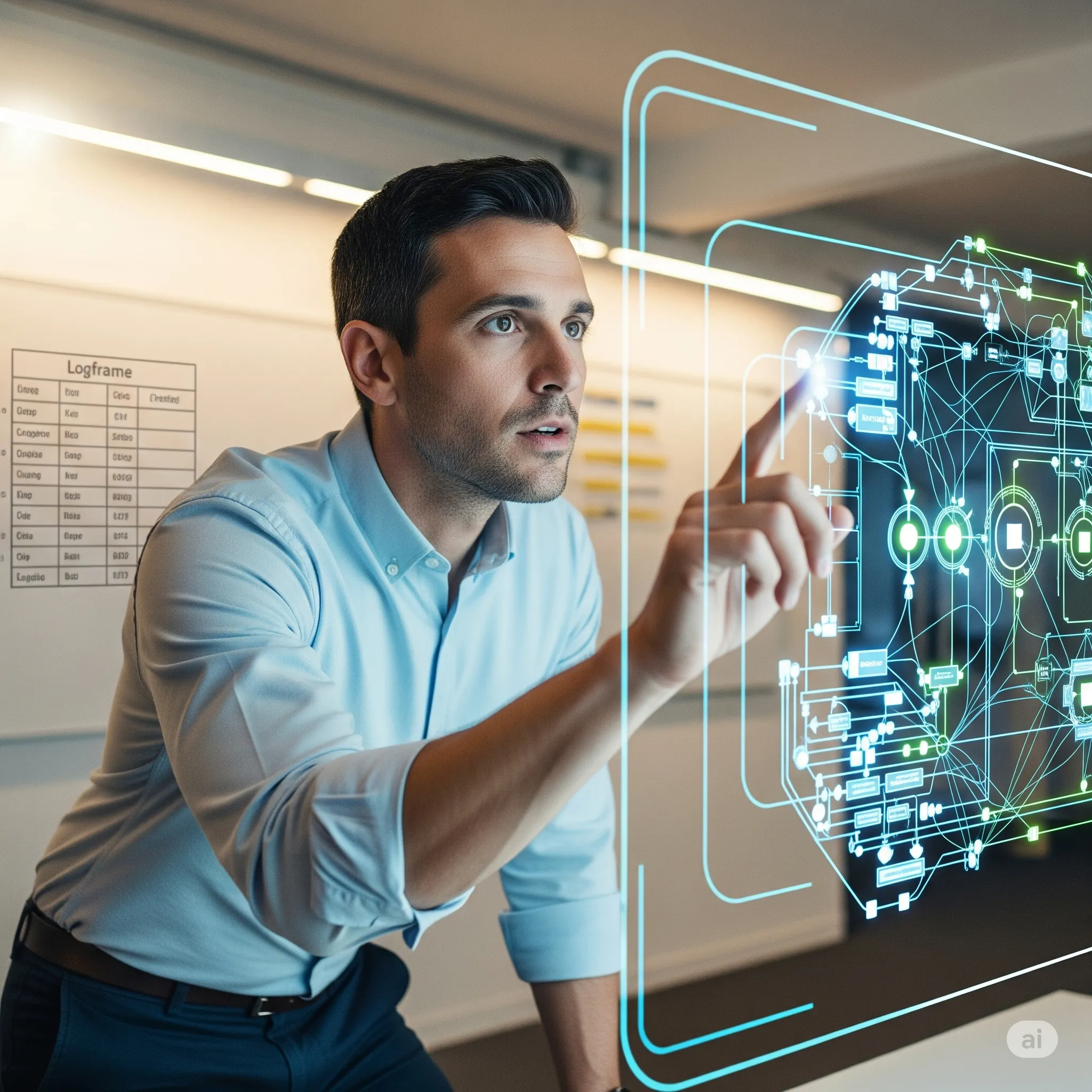 A person tracing lines on a complex, interconnected digital network, with a linear logframe subtly in the background.