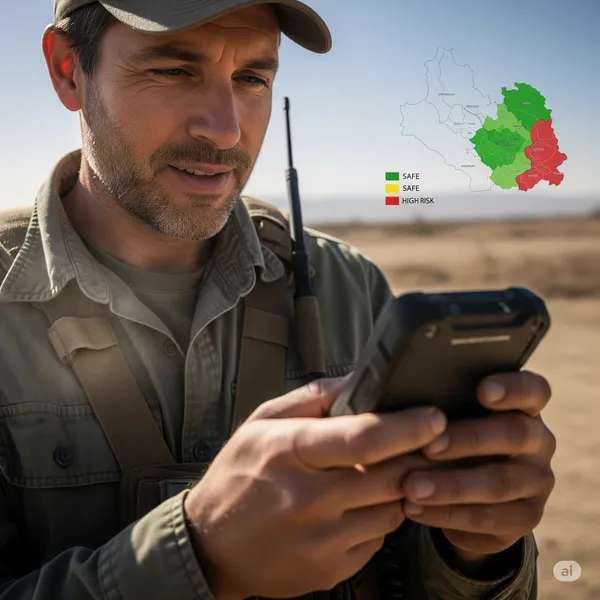 A field monitor in a high-risk environment, looking at a secure communication device, with a blurred map showing safety zones.