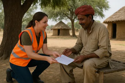 Close up of a local GRM officer hand handing a simple form to a community member seated on a bench under a neem tree in rural Rajasthan India