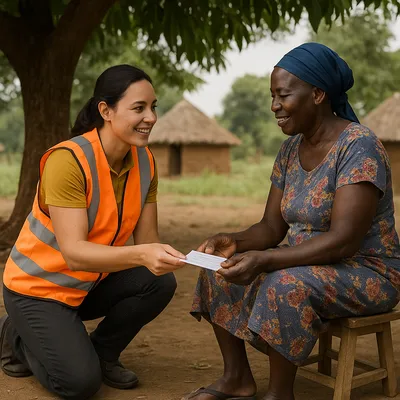 Close up of a female GBV risk officer hand passing a reporting information card to a local women leader seated under a mango tree in rural northern Uganda