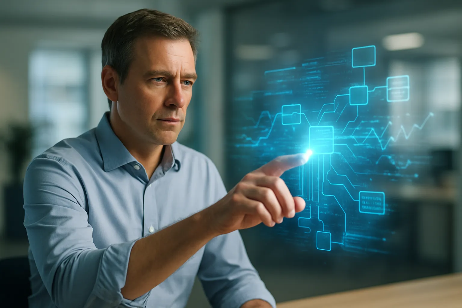 A hand interacting with a holographic display showing a blend of process flow and code.