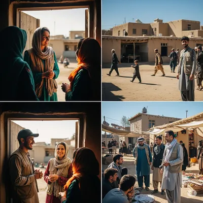 A diverse group of male and female field enumerators in a rural community setting, engaging with local residents.