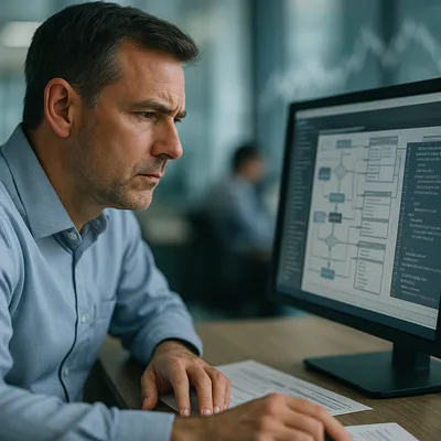 A person looking critically at a software interface with a background of complex data.