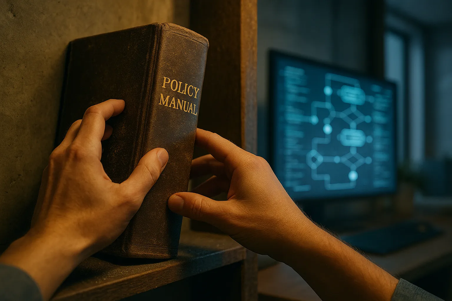 A hand reaching for a dusty manual on a shelf, while a digital screen shows a live, complex workflow.