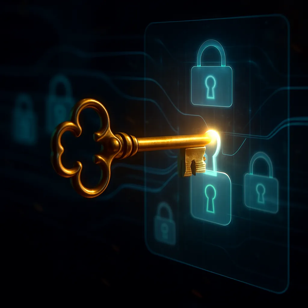 A single key unlocking a series of digital padlocks and controls.