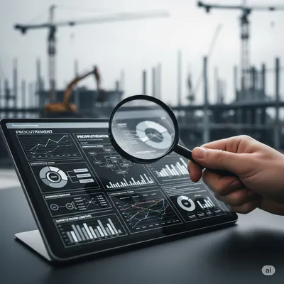 A hand holding a magnifying glass over digital procurement documents, with a blurred construction site in the background.