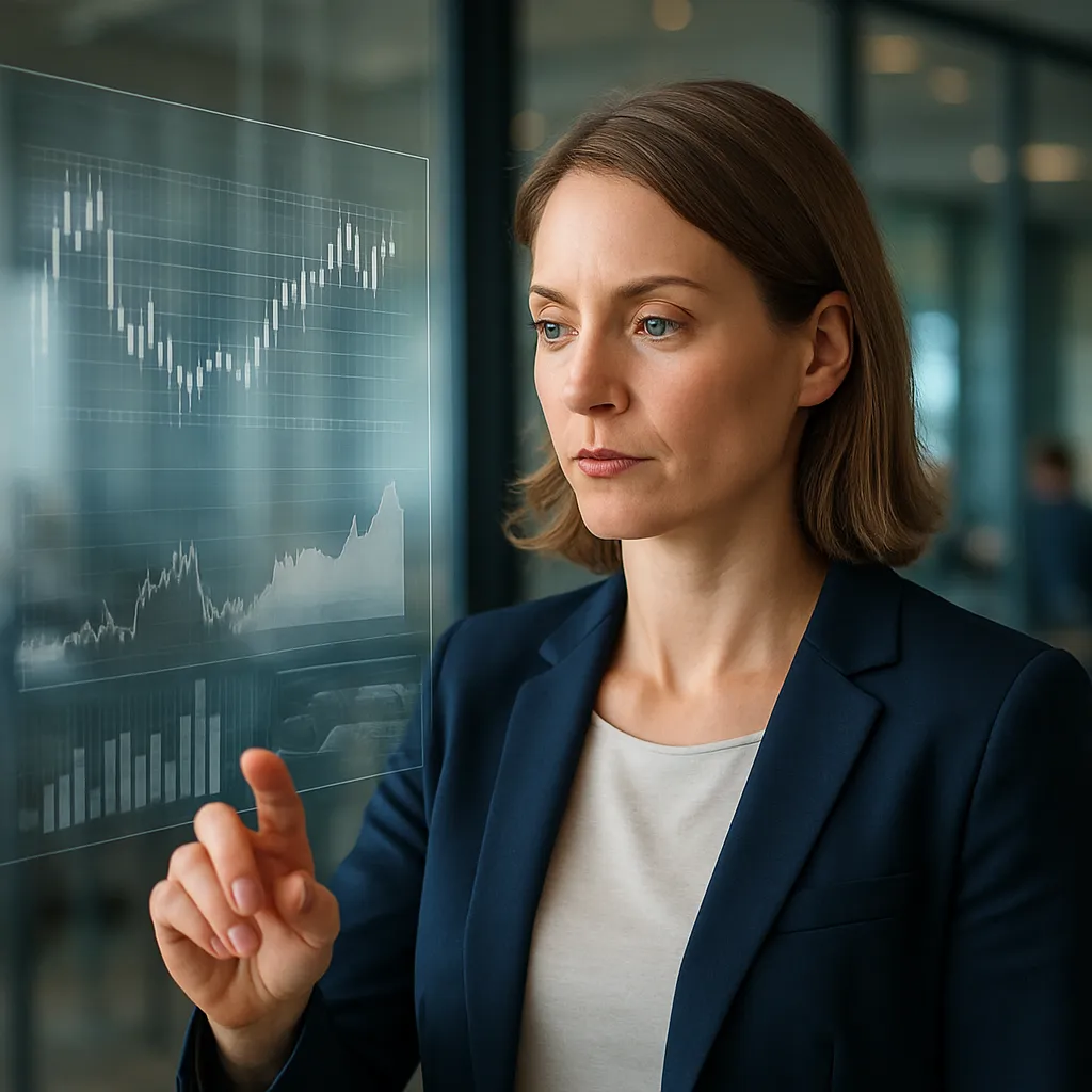 A person looking at complex digital financial charts on a screen.