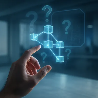 A hand interacting with a holographic blockchain ledger, overlaid with questioning symbols.