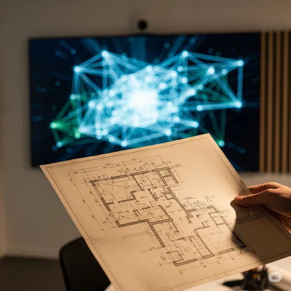 A hand holding a blueprint, with a modern digital architectural rendering in the background.