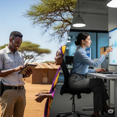 A field enumerator using a tablet, with a supervisor monitoring data on a dashboard in the background.