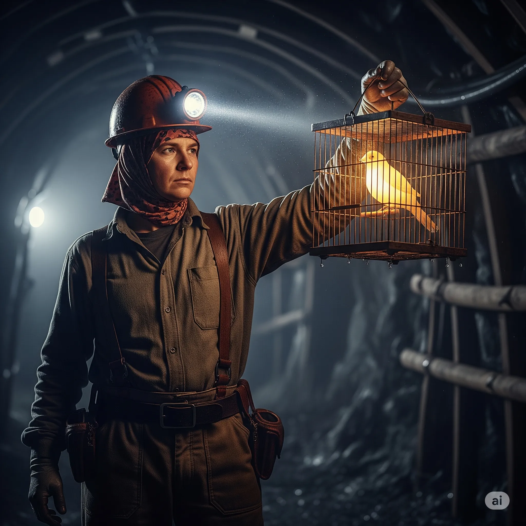 A miner holding a cage with a canary, symbolizing an early warning system, in a dimly lit mine shaft.
