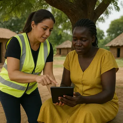 Close up of a female capacity building advisor hand guiding a local M and E officer hand holding a tablet under a tamarind tree in rural Eastern Uganda