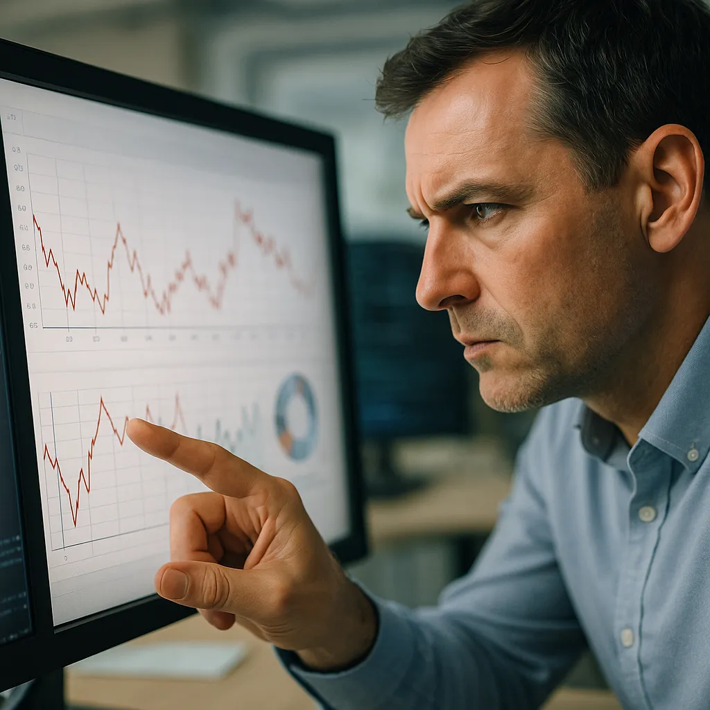 A person pointing at a financial chart showing a discrepancy, with code lines in the background.