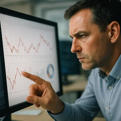A person pointing at a financial chart showing a discrepancy, with code lines in the background.
