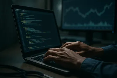 Close-up of hands typing code on a laptop with financial charts in the background.