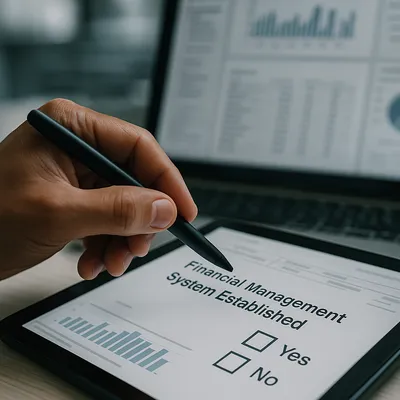 A hand checking a box on a digital form, with complex financial data in the blurred background.