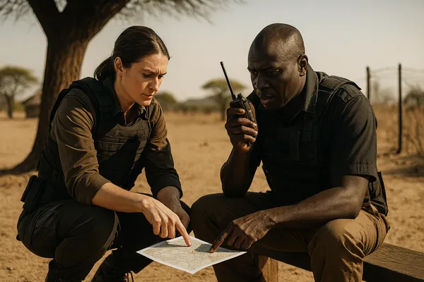 Close up of a local security advisor hand pointing at a map held by a field monitor under an acacia tree in rural South Sudan