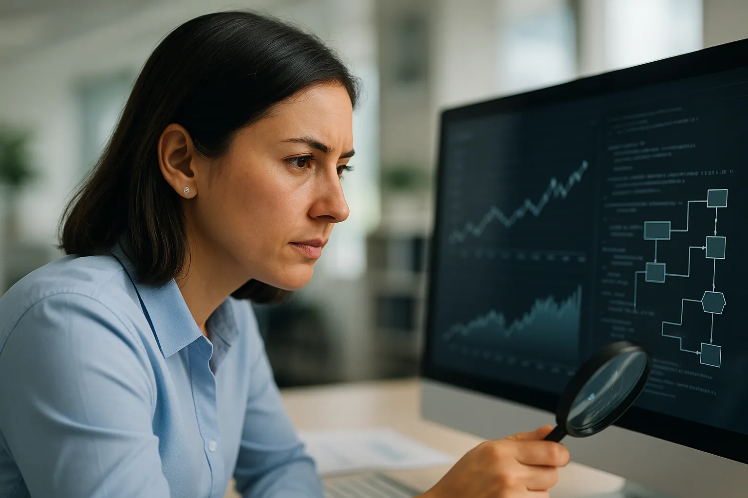 A finance professional looking at a screen displaying a blend of financial charts and system code.