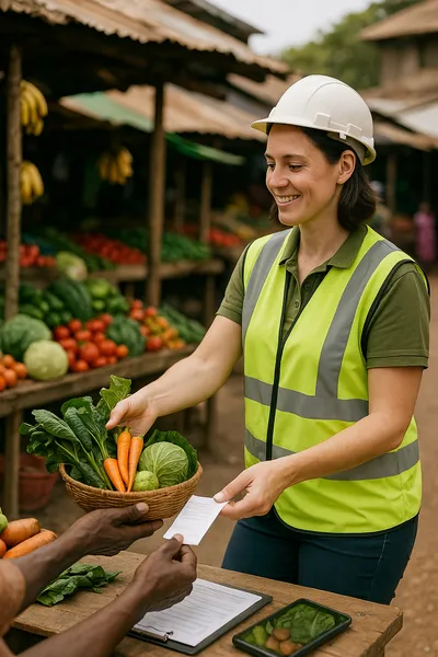 Close up of a field officer hand receiving a woven basket of fresh local produce from a market vendor hand
