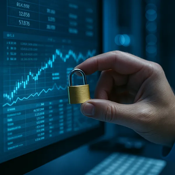 A person's hand holding a padlock over a digital interface showing financial data.