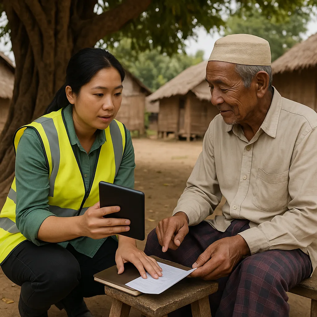 Close up of a local data protection officer hand holding an encrypted tablet next to a community elder hand under a banyan tree in rural Myanmar