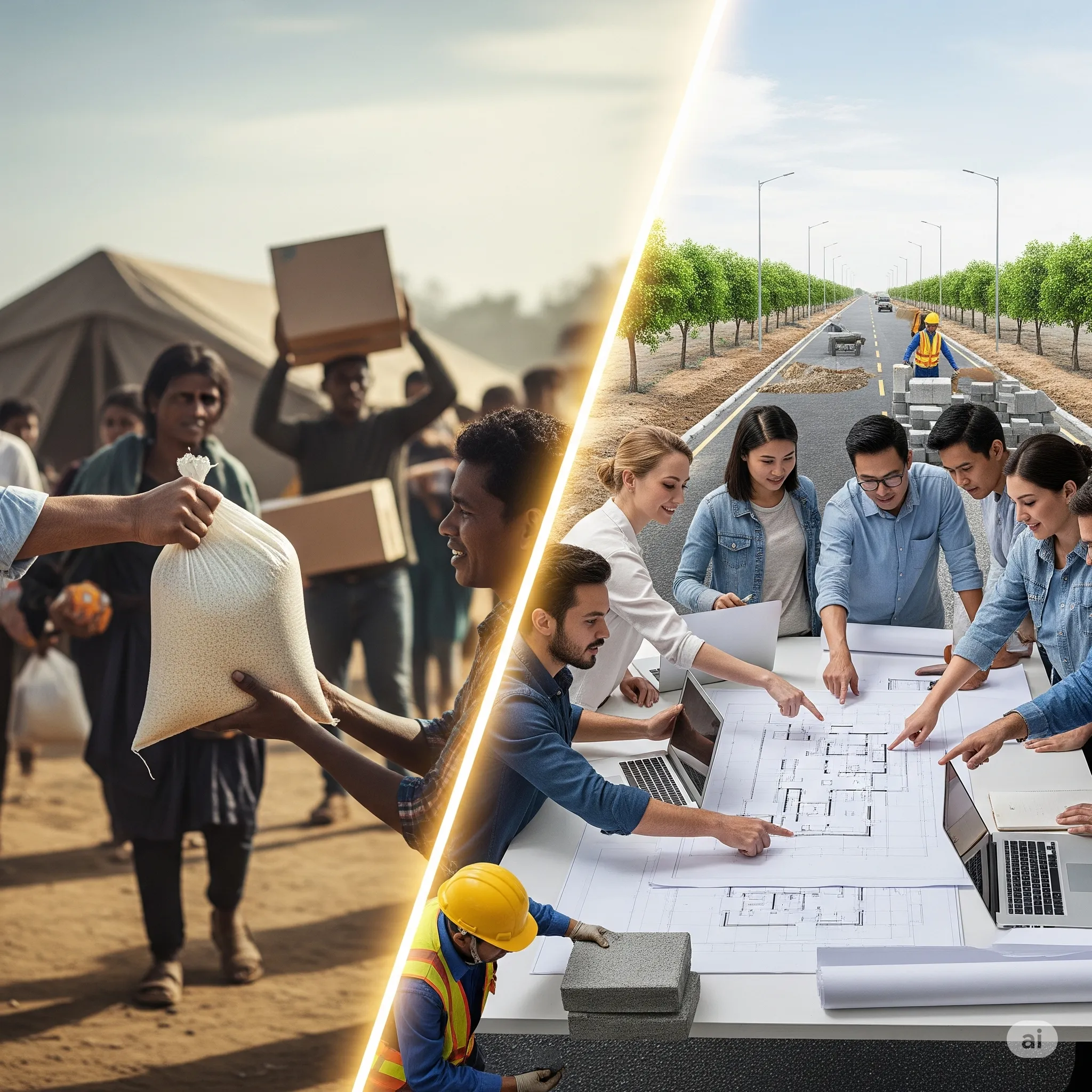 A split image showing immediate aid delivery on one side and long-term capacity building on the other, seamlessly connected.