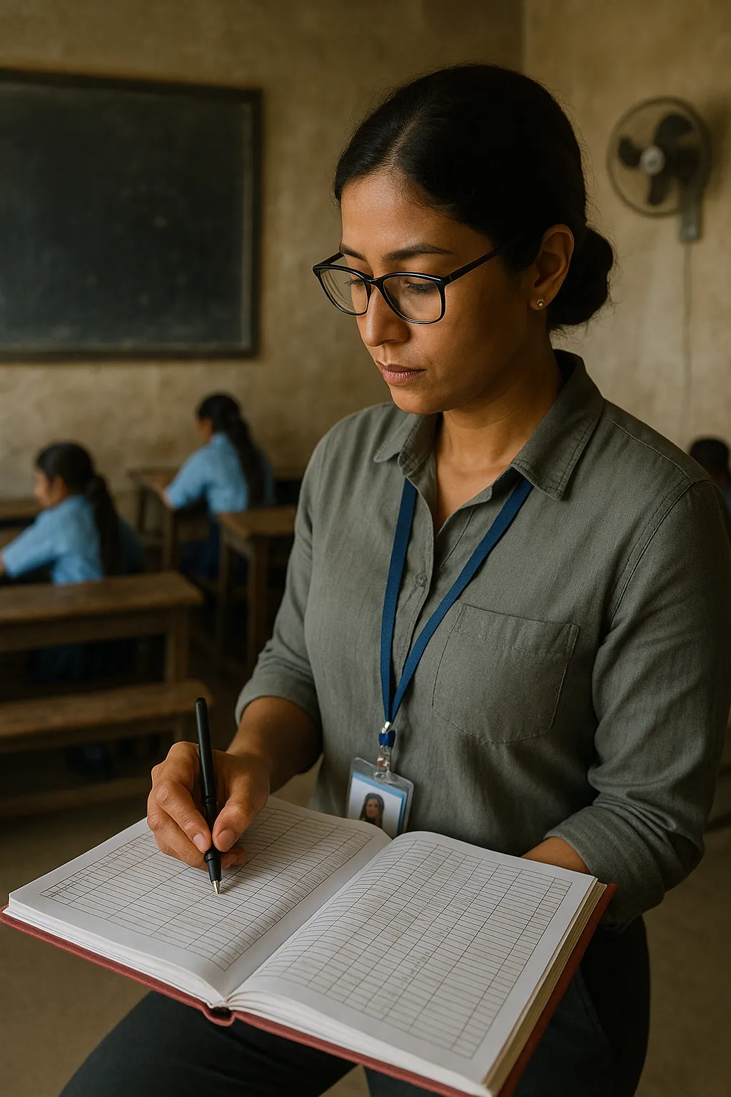 Education monitoring officer holding attendance register inside a Nepal primary school classroom with benches blackboard and solar powered fan in background
