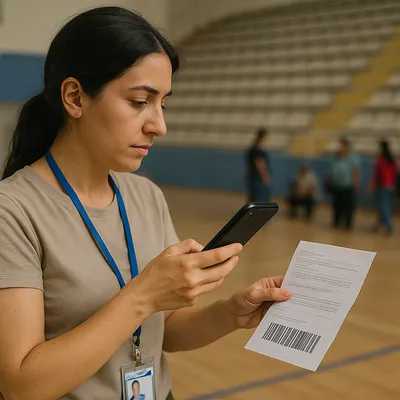 Field officer scanning a beneficiary voucher barcode with smartphone inside a Gaziantep sports hall payment kiosk