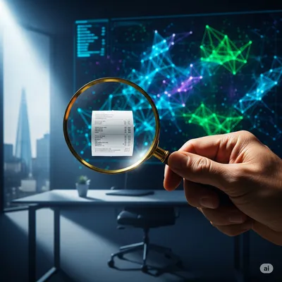 A hand holding a magnifying glass over a single transaction, contrasting with a glowing data visualization of a full dataset.