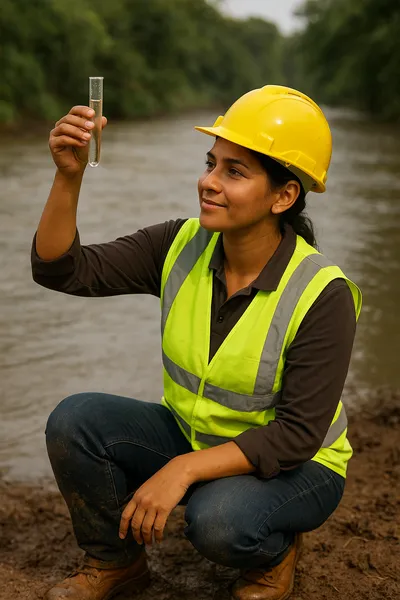 Close up of a field monitor in a hard hat kneeling on muddy ground holding a water test vial next to a flowing river
