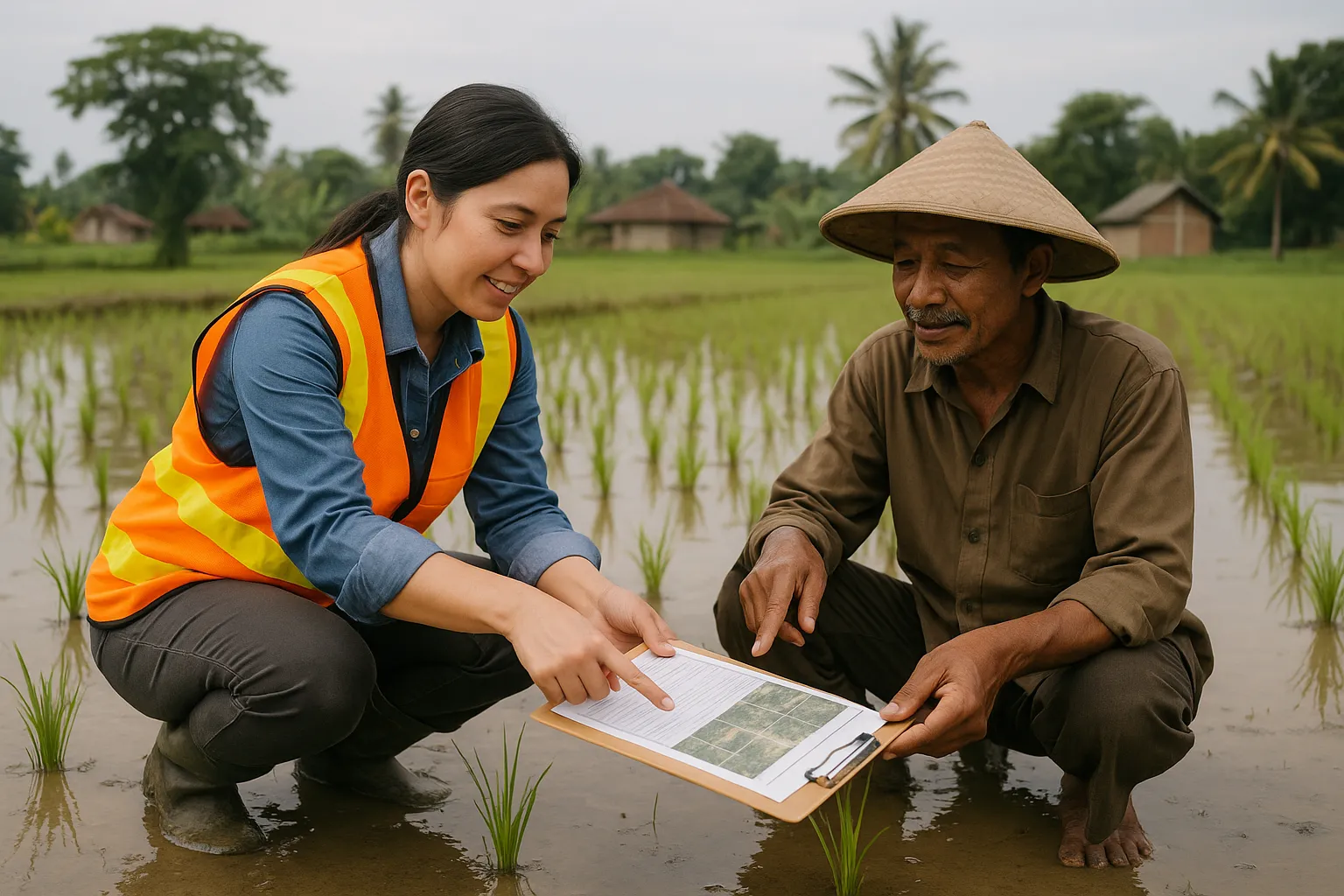 Close up of a female ESS officer hand holding a clipboard and pointing at a newly planted sapling alongside a community worker in a paddy field in East Java Indonesia