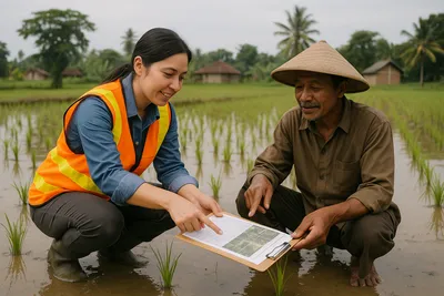 Close up of a female ESS officer hand holding a clipboard and pointing at a newly planted sapling alongside a community worker in a paddy field in East Java Indonesia
