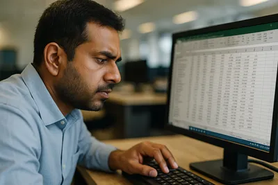 A person looking intently at a complex Excel spreadsheet on a computer screen.