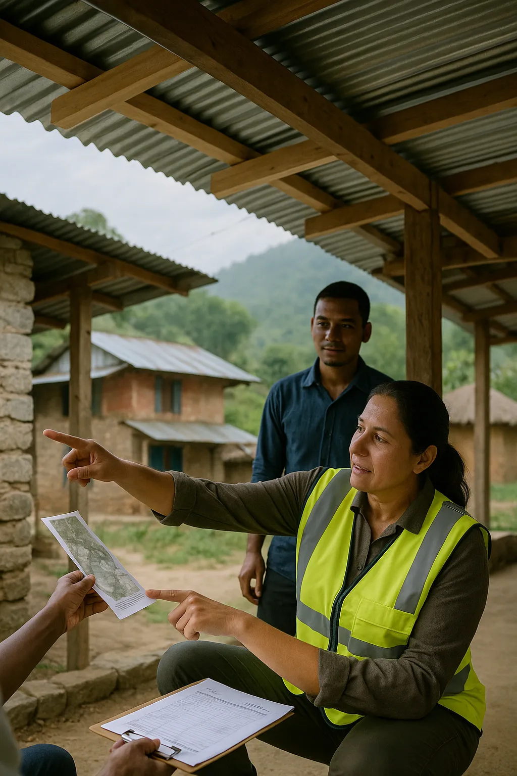 Close up of a local financial controller hand holding a receipt next to exposed roofing beams under a tin shelter in rural Nepal