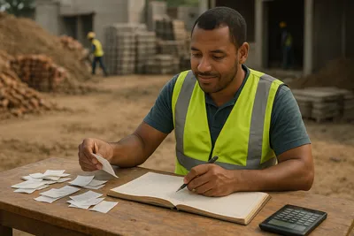 Close up of a financial monitor in a high visibility vest at a rural project site holding a printed ledger and pointing at a receipt with a pen