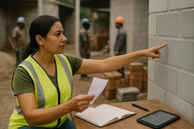 Close up of a field monitor in a safety vest holding a paper receipt against a new school wall as local workers unload desks behind him