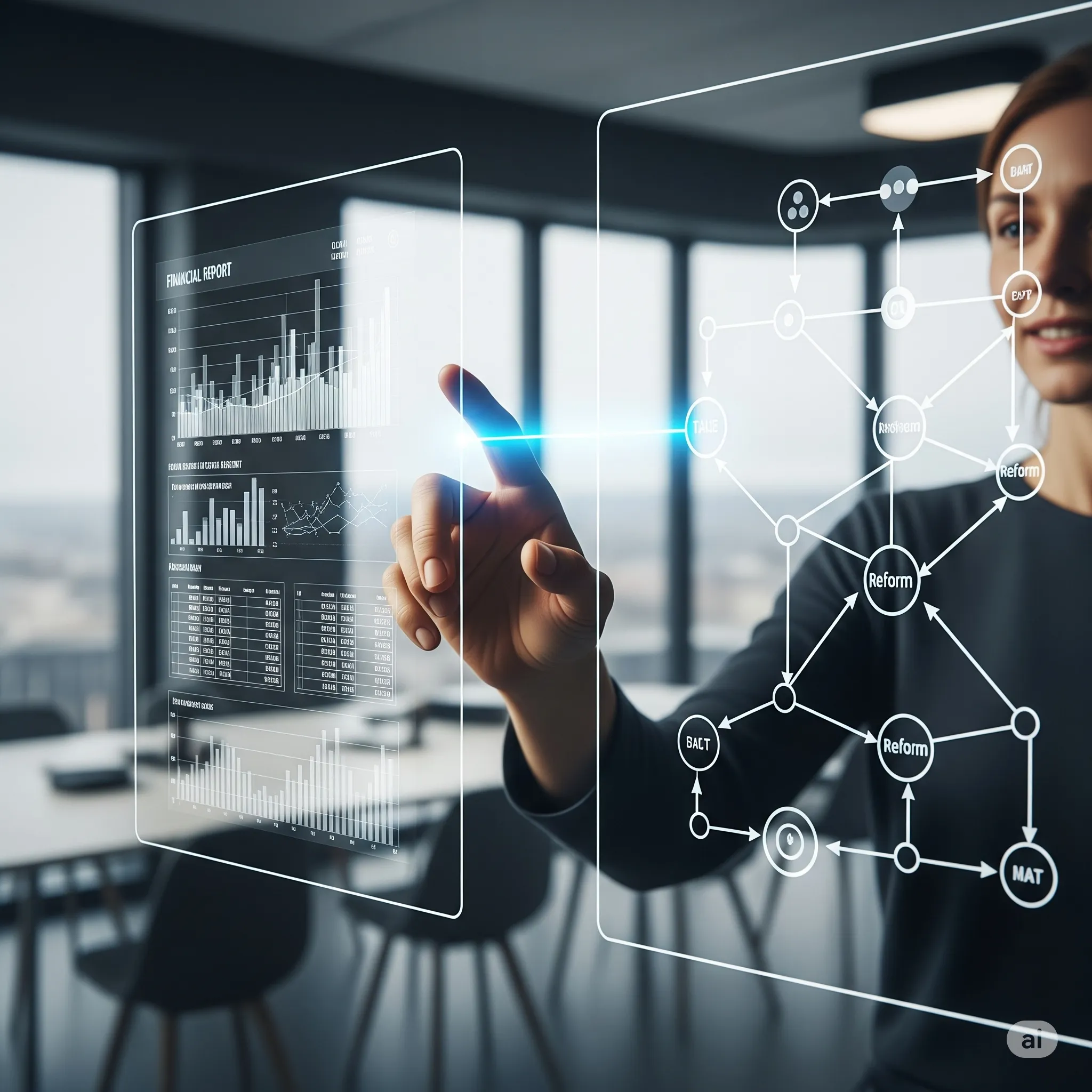 A hand pointing from a digital report to a complex, flowing reform process.