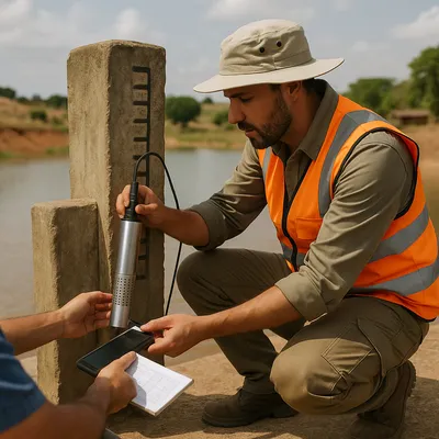 Close up of a geospatial field agent hand attaching a water level sensor to a concrete gauge on a small dam in northern Ghana