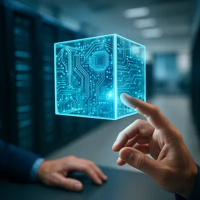 A hand interacting with a transparent, glowing cube revealing complex inner workings.