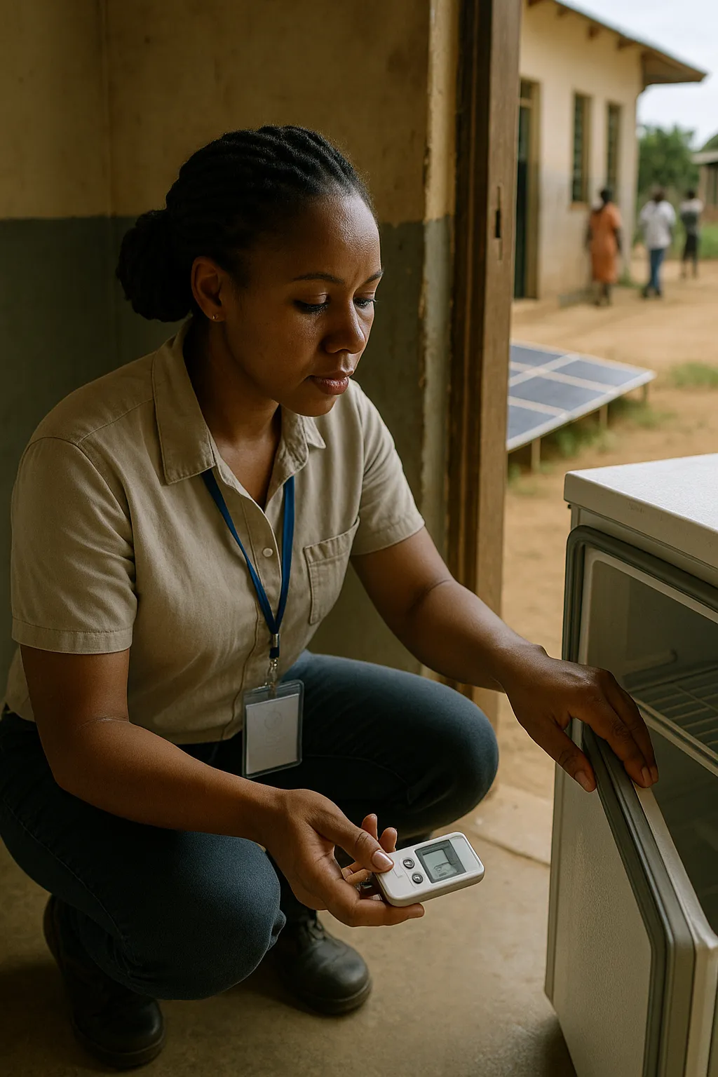 Field monitor checking temperature logger on vaccine storage refrigerator inside an East Africa community clinic corridor with solar panels and distant community members in background