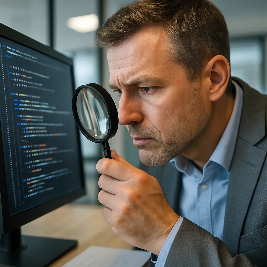A person with a magnifying glass examining lines of code on a screen.