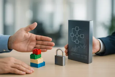 Two hands, one gesturing towards building blocks, the other towards a packaged software box.