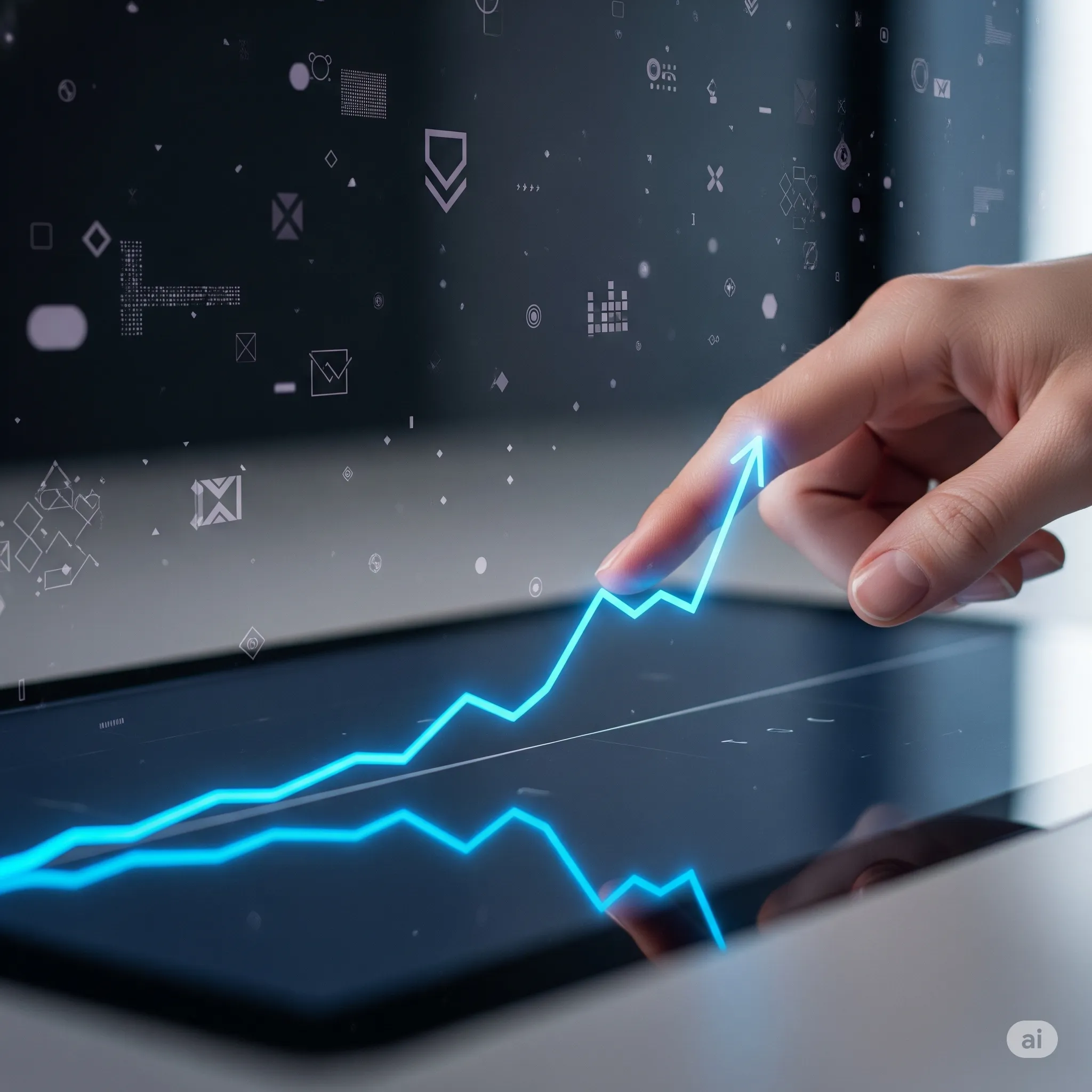 A hand tracing a long data trend line on a digital display, with fragmented memory symbols in the background.