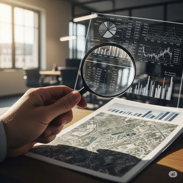 A hand holding a magnifying glass over a document blending financial charts with a map of a development project.