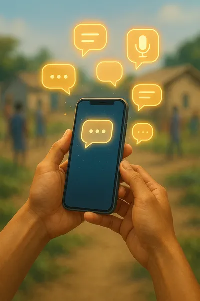 Hands holding a phone with speech bubbles and chat icons