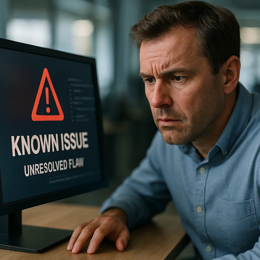 A person looking concerned at a computer screen displaying a bug report or error message.