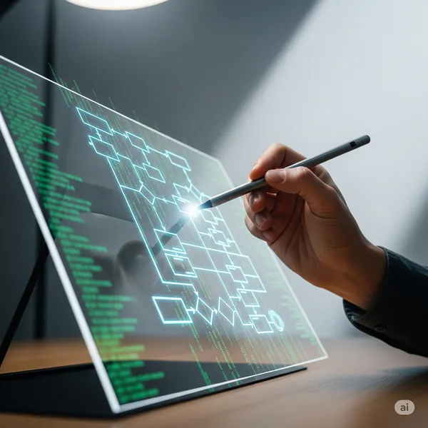 A hand drawing a complex flowchart on a clear, glowing digital screen, illustrating system logic.