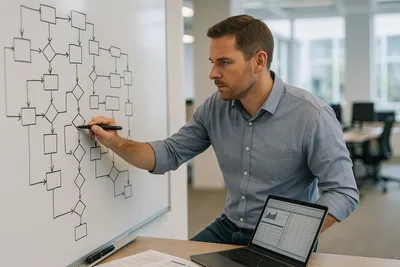 A person drawing a complex flowchart on a whiteboard while looking at a computer screen.