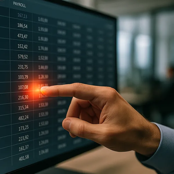 A hand pointing at a glowing anomaly on a digital payroll report.