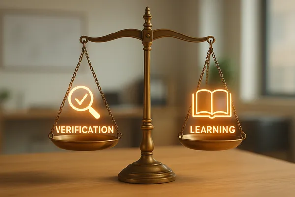 Balanced scale with "Verification" and "Learning" on sides